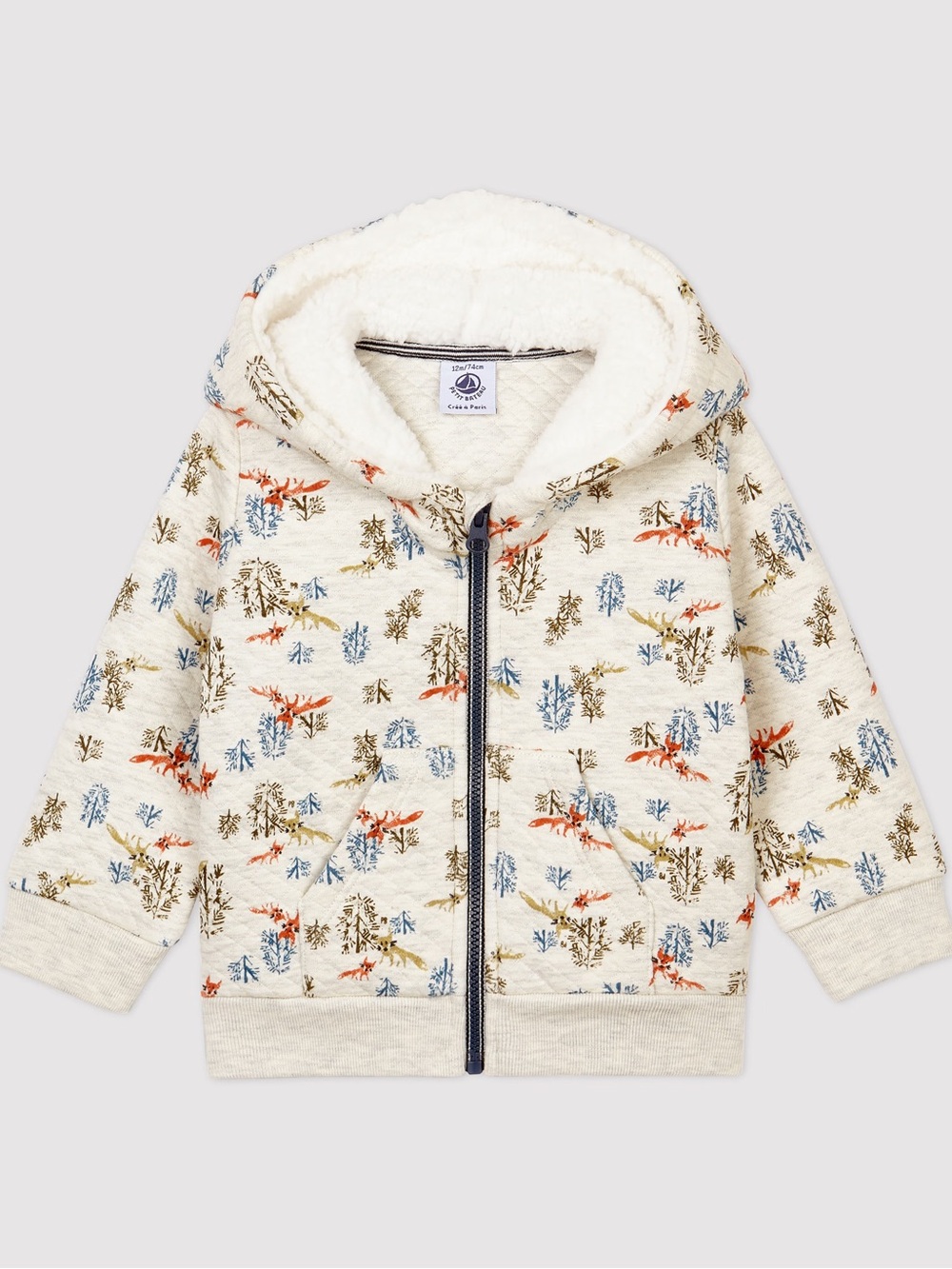 Petit Bateau Hooded Quilted Full Zip Hoodie | 24 Months | Cream | Animals